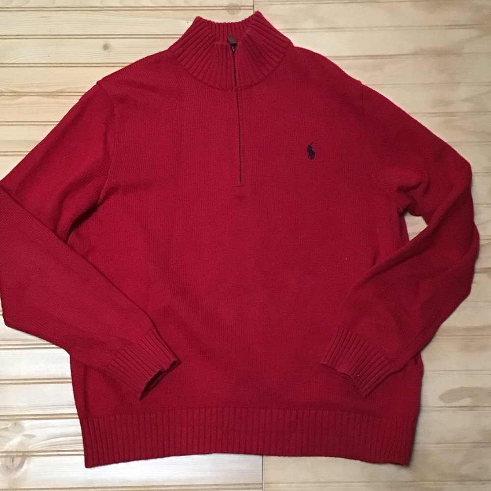 Polo Ralph Lauren Quarter Zip Black Logo Leather tab Zipper Red Sweater Large